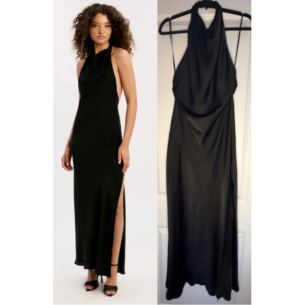 Bardot Black Satin Size 8 Halter Evening Dress Open Back Slit Cocktail Party